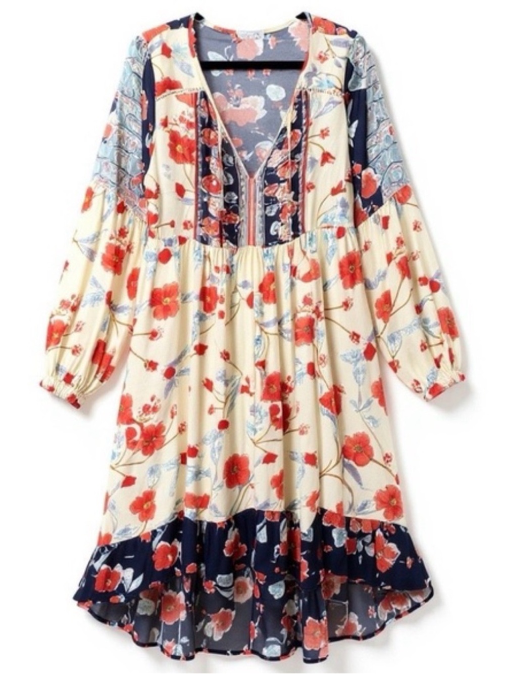 Patrons of Peace Floral Tie-Front Boho Dress in Cream, Black & Red